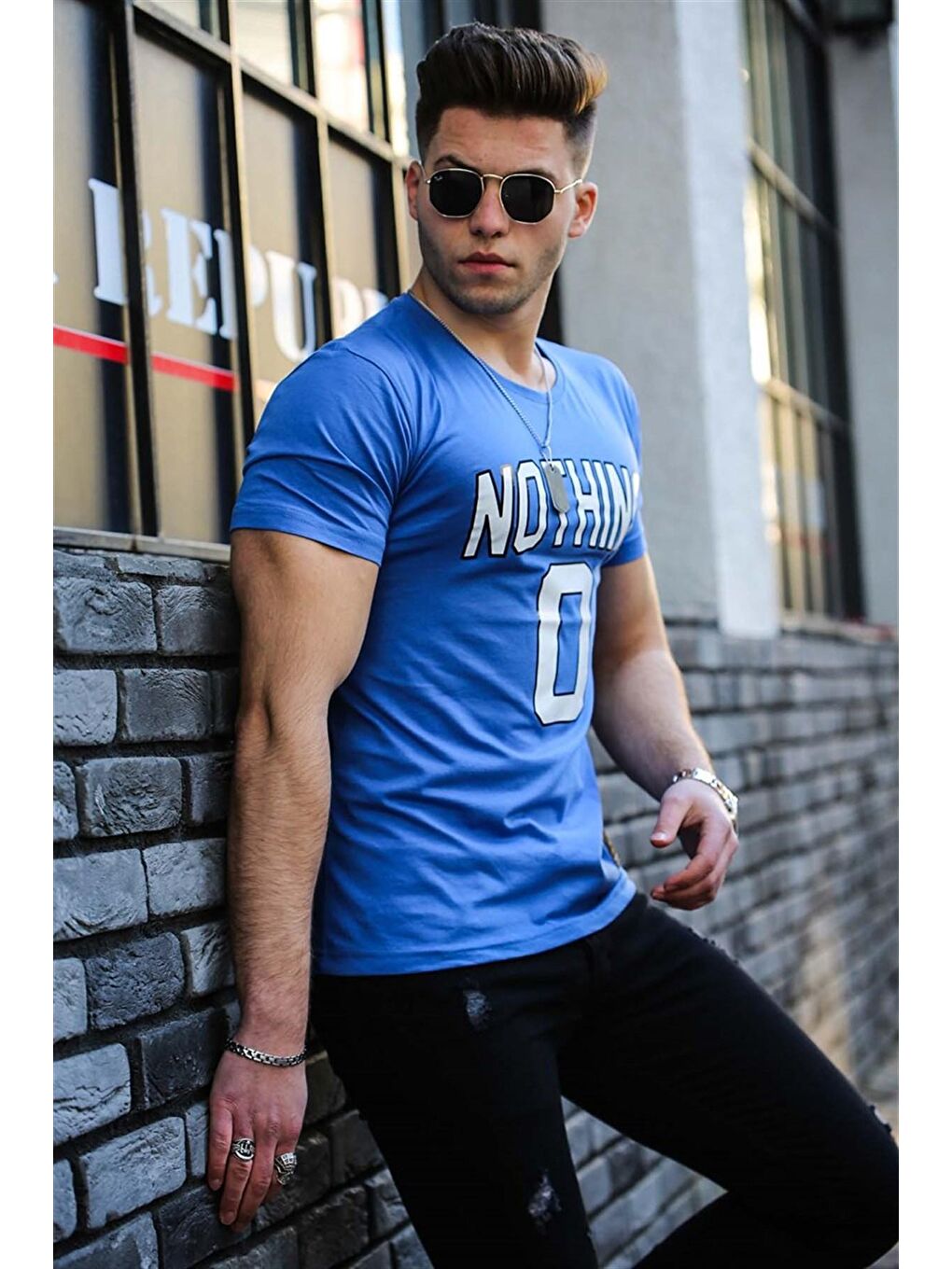 Mavi Baskılı Saks Tişört 4394-1