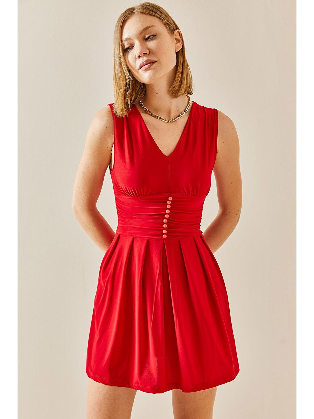 Kırmızı Belden Oturtmalı Drapeli Elbise 3YXK6-47258-04-3