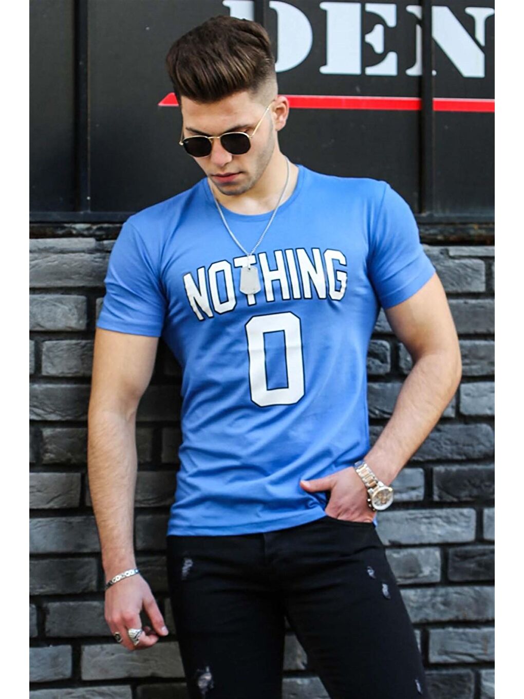 Mavi Baskılı Saks Tişört 4394-2