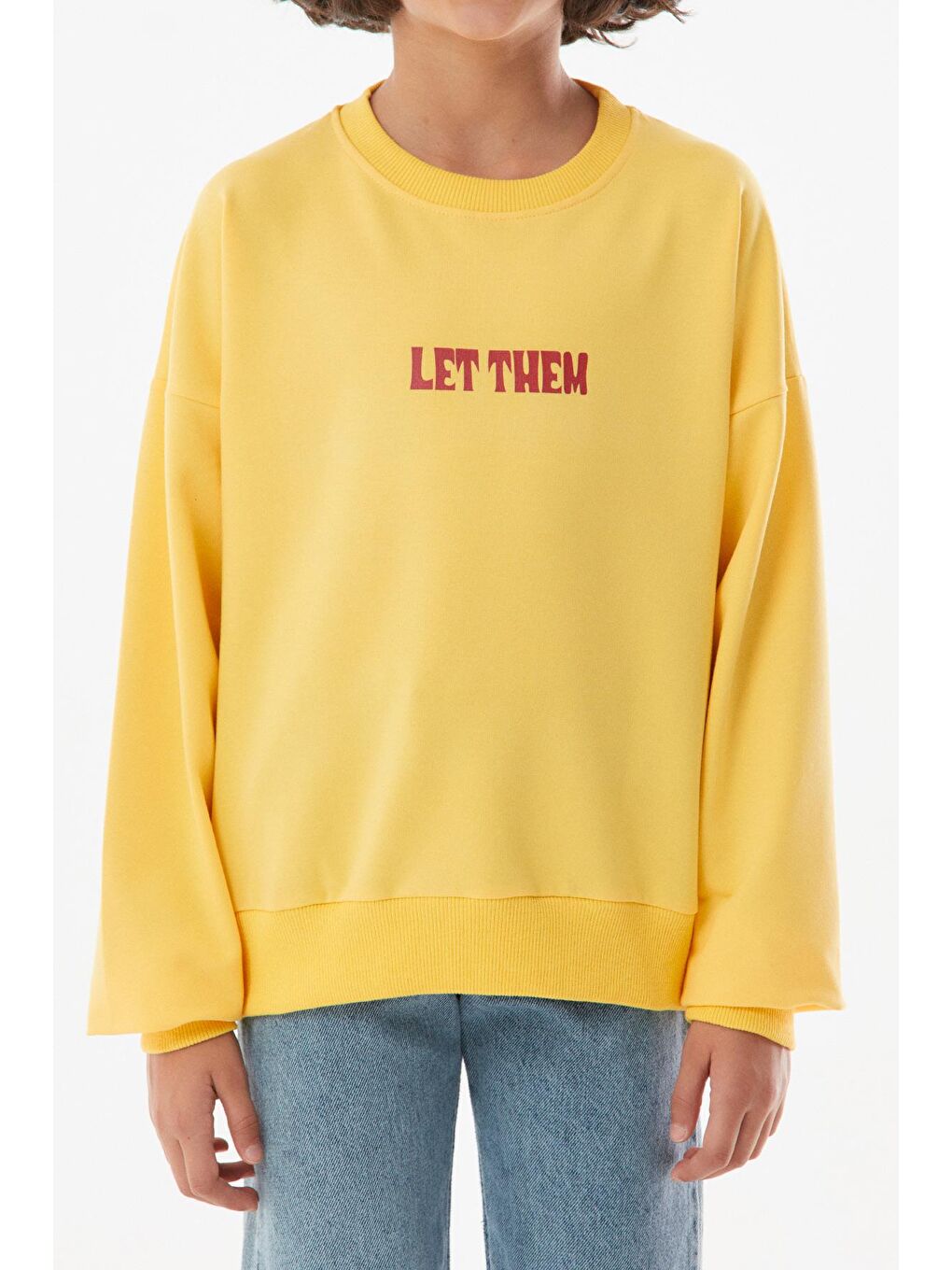 Sarı Baskılı Bisiklet Yaka Unisex Çocuk Sweatshirt-1