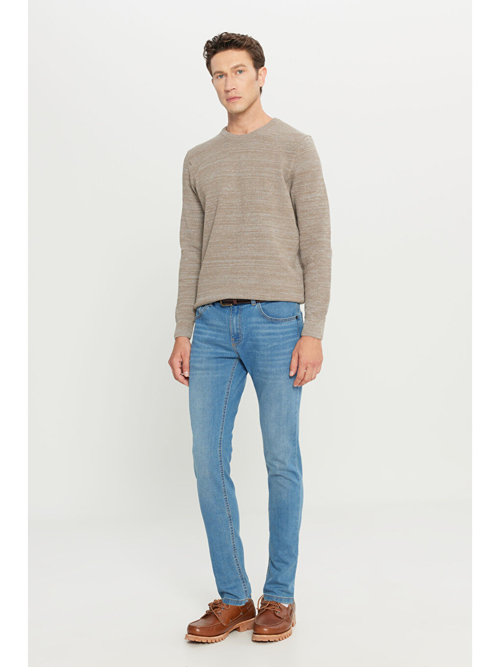 Sarı Erkek Bronz-Gri Recycle Standart Fit Bisiklet Yaka Düz Triko Kazak-1