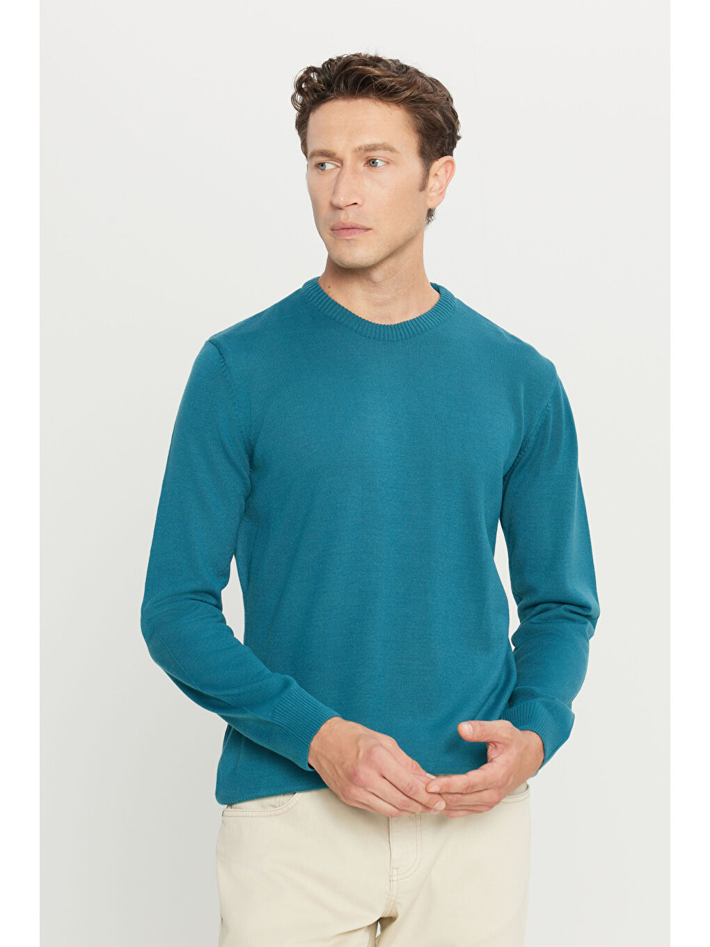 Erkek Petrol Anti-Pilling Tüylenme Yapmayan Standart Fit Normal Kesim Bisiklet Yaka Triko Kazak-3