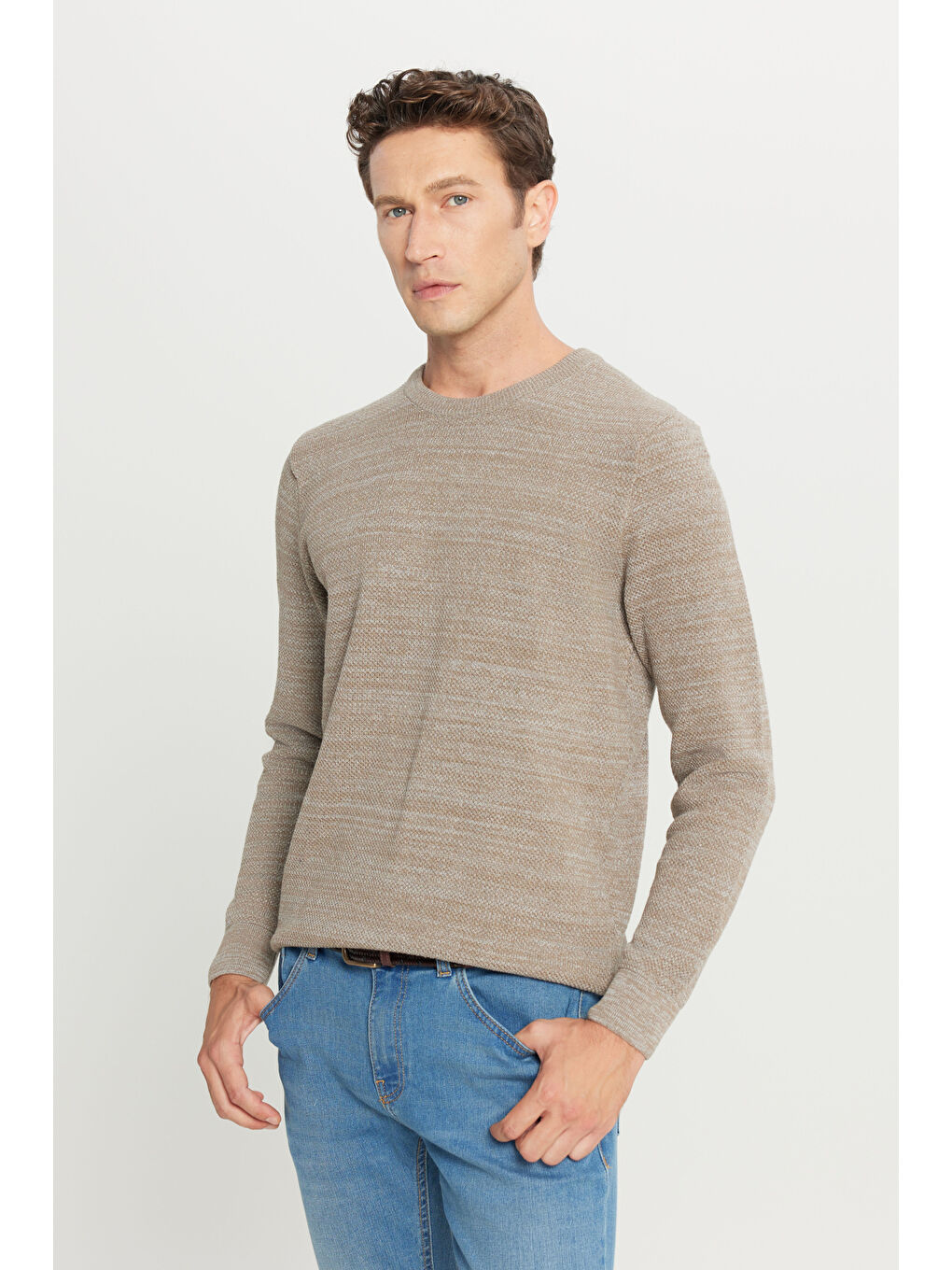 Sarı Erkek Bronz-Gri Recycle Standart Fit Bisiklet Yaka Düz Triko Kazak-3