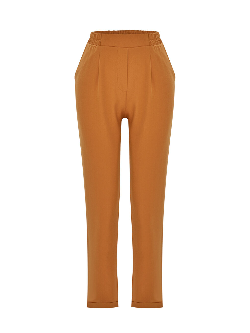 Sarı Düz Renk Beli Lastikli Klasik Pantolon-Camel