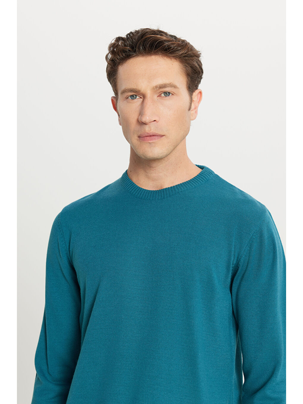 Erkek Petrol Anti-Pilling Tüylenme Yapmayan Standart Fit Normal Kesim Bisiklet Yaka Triko Kazak-4