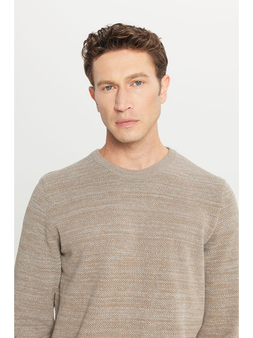 Sarı Erkek Bronz-Gri Recycle Standart Fit Bisiklet Yaka Düz Triko Kazak-4