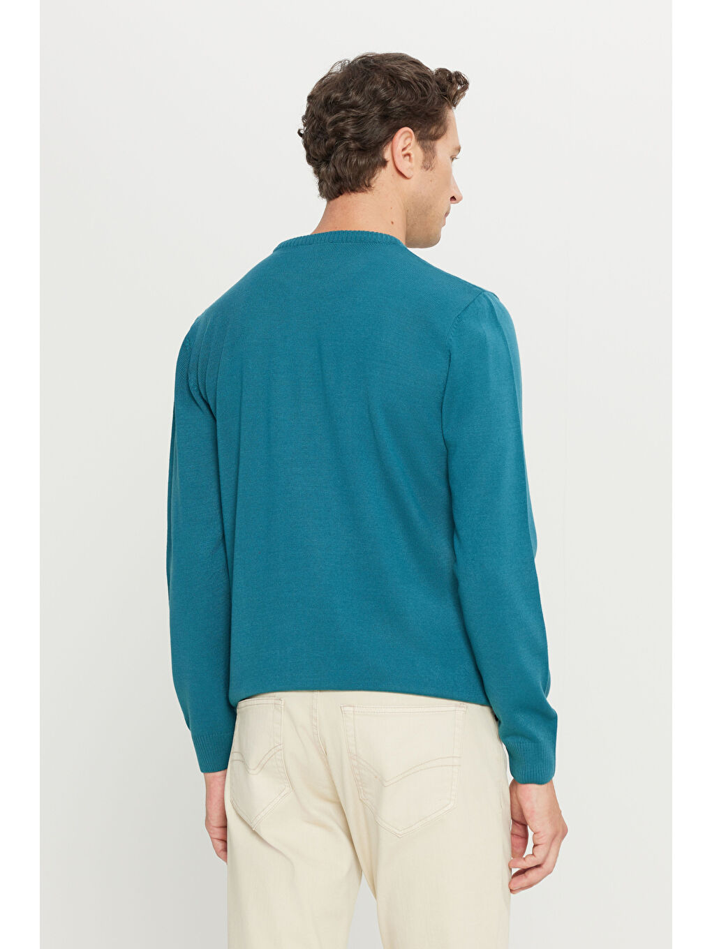 Erkek Petrol Anti-Pilling Tüylenme Yapmayan Standart Fit Normal Kesim Bisiklet Yaka Triko Kazak-5