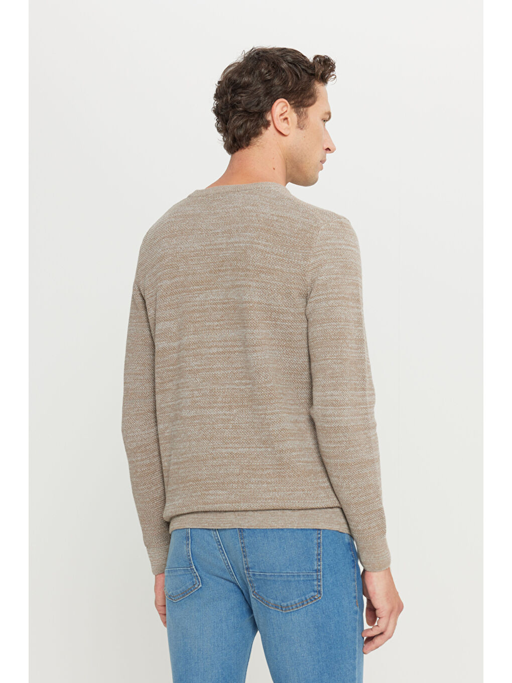 Sarı Erkek Bronz-Gri Recycle Standart Fit Bisiklet Yaka Düz Triko Kazak-5