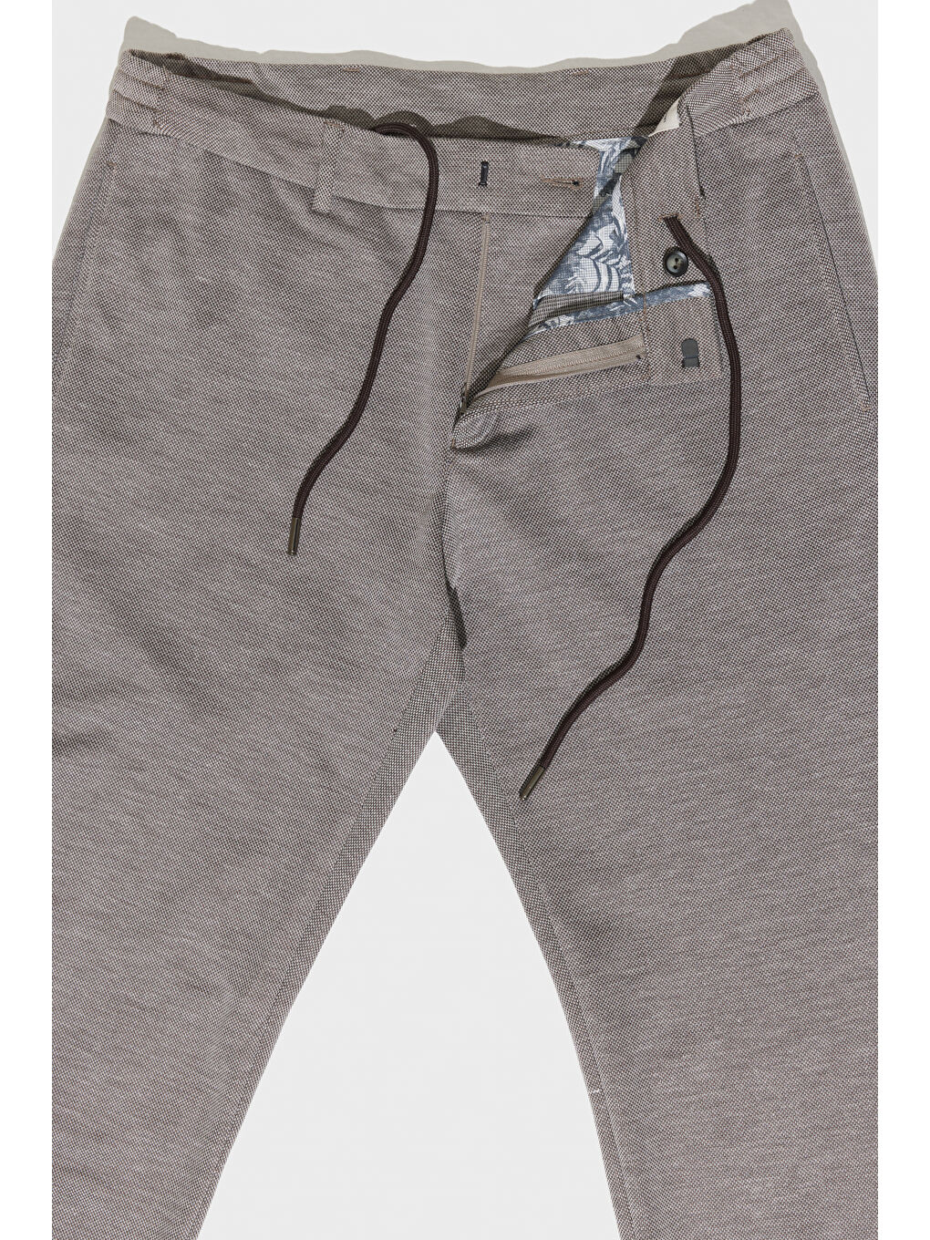 Erkek Bej Slim Fit Dar Kesim Kuşgözü Desenli Beli Bağlamalı Pantolon-6