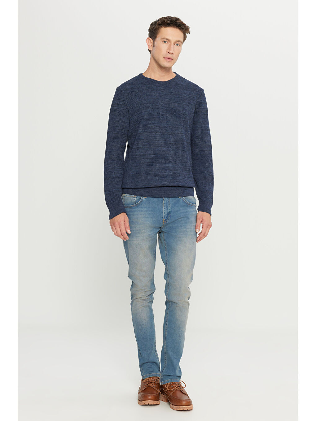 Lacivert Erkek İndigo-Siyah Recycle Standart Fit Bisiklet Yaka Düz Triko Kazak-1