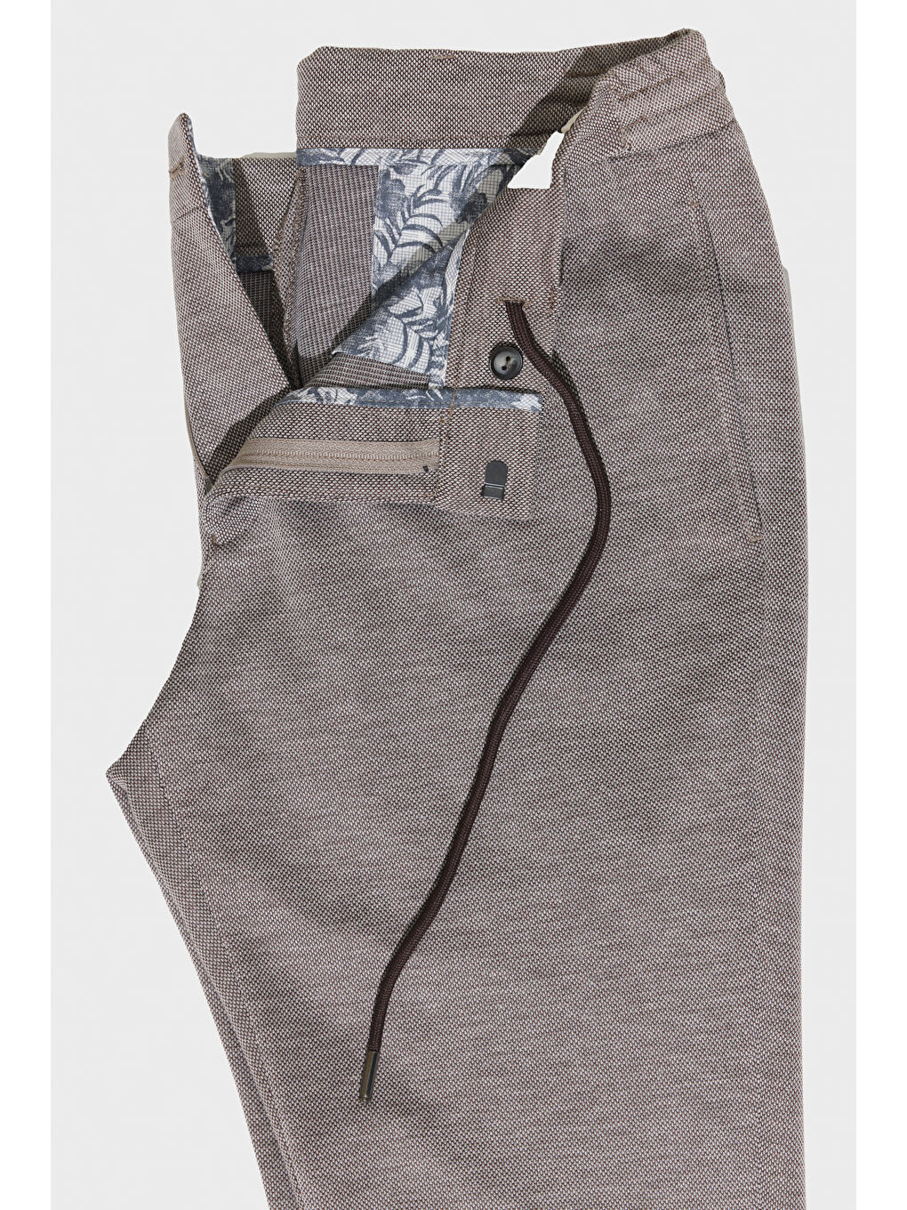 Erkek Bej Slim Fit Dar Kesim Kuşgözü Desenli Beli Bağlamalı Pantolon-7