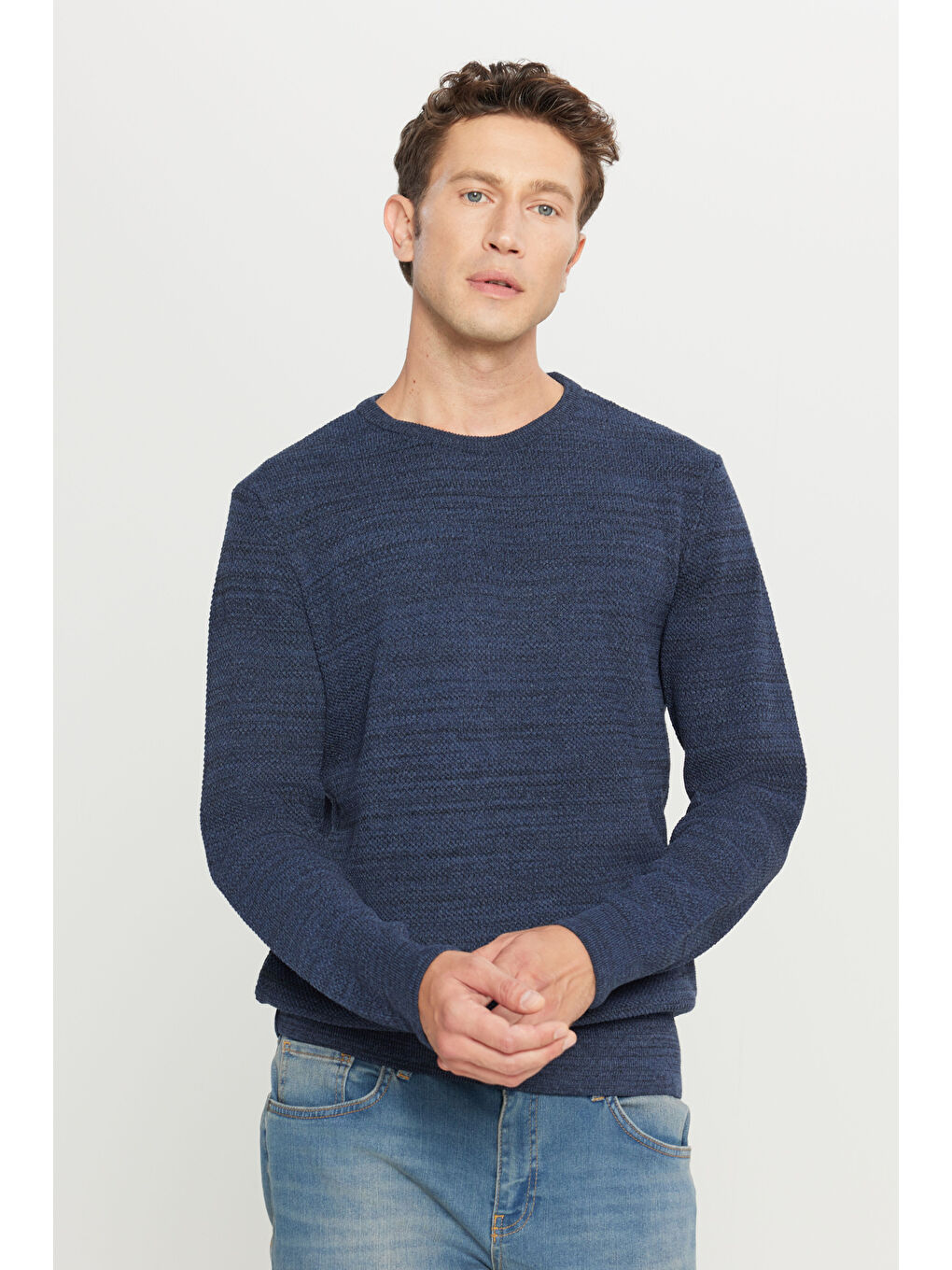 Lacivert Erkek İndigo-Siyah Recycle Standart Fit Bisiklet Yaka Düz Triko Kazak-3