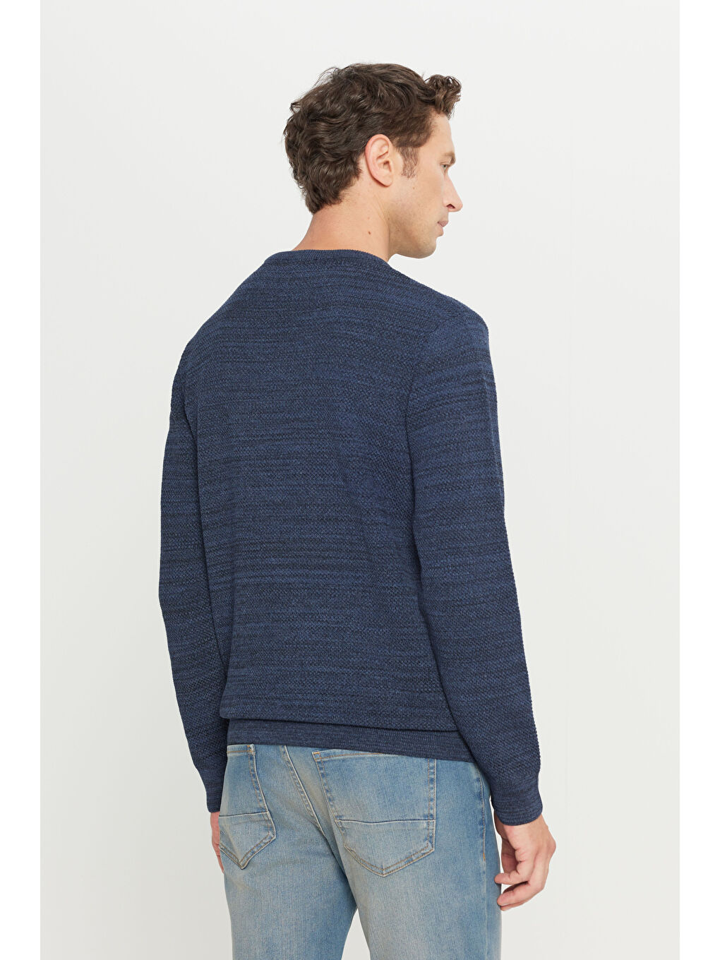 Lacivert Erkek İndigo-Siyah Recycle Standart Fit Bisiklet Yaka Düz Triko Kazak-5