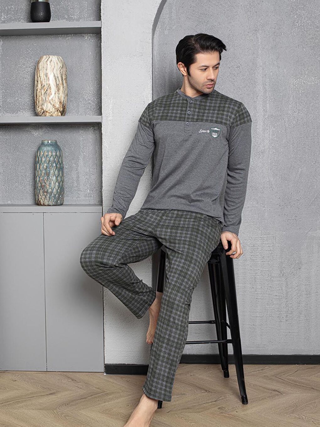 Haki Erkek Pijama Takımı İnterlok Gövde Ekoseli Pamuklu Mevsimlik-1