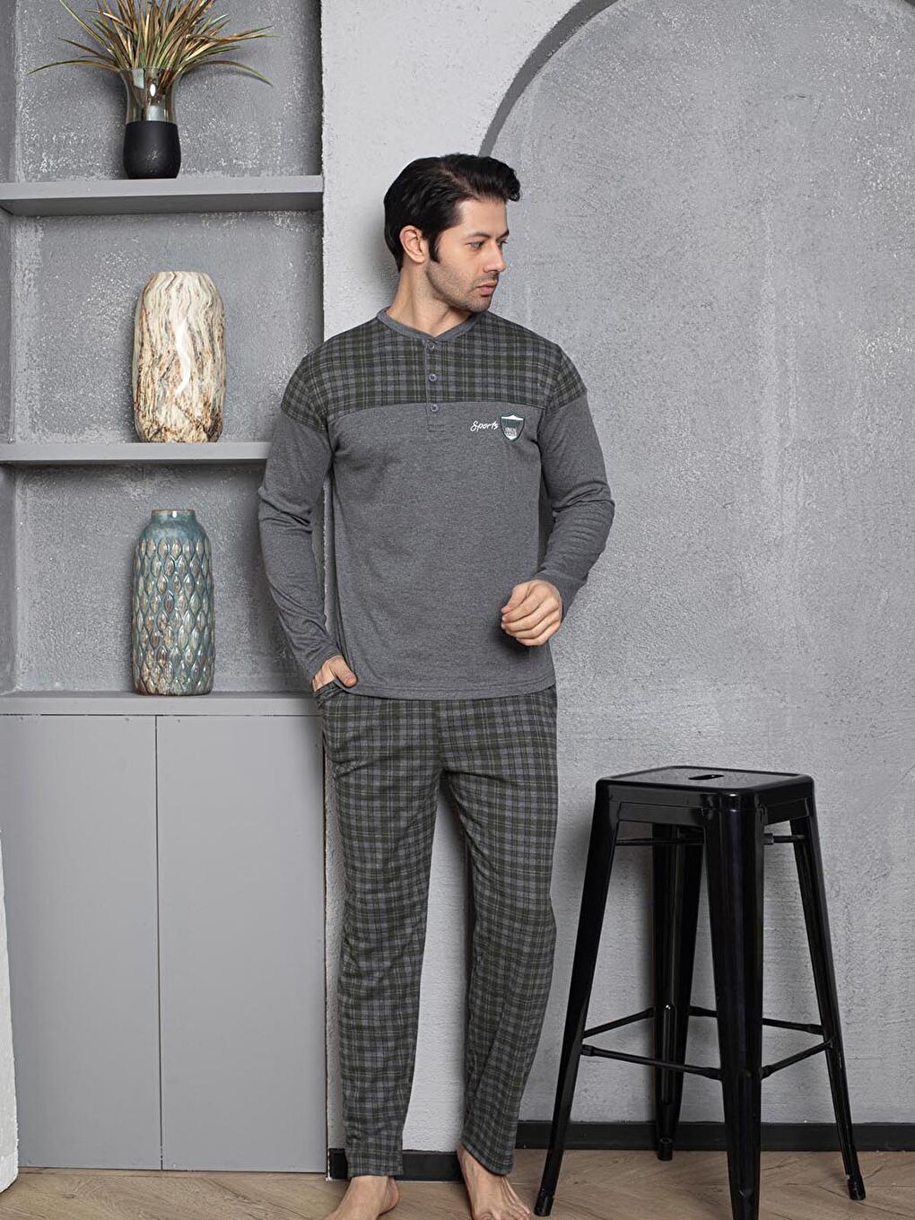 Haki Erkek Pijama Takımı İnterlok Gövde Ekoseli Pamuklu Mevsimlik