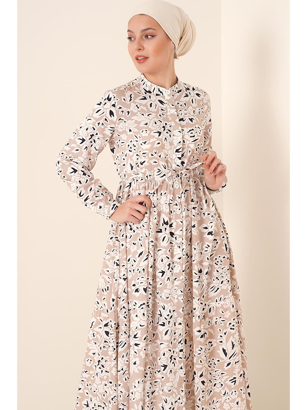 Ekru 2144 Hakim Yaka Tesettür Elbise - Krem-1