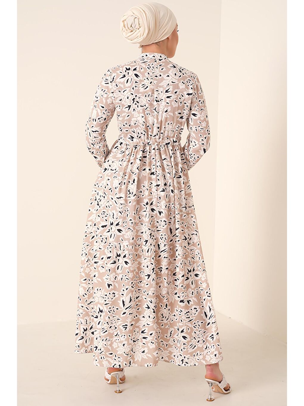 Ekru 2144 Hakim Yaka Tesettür Elbise - Krem-2