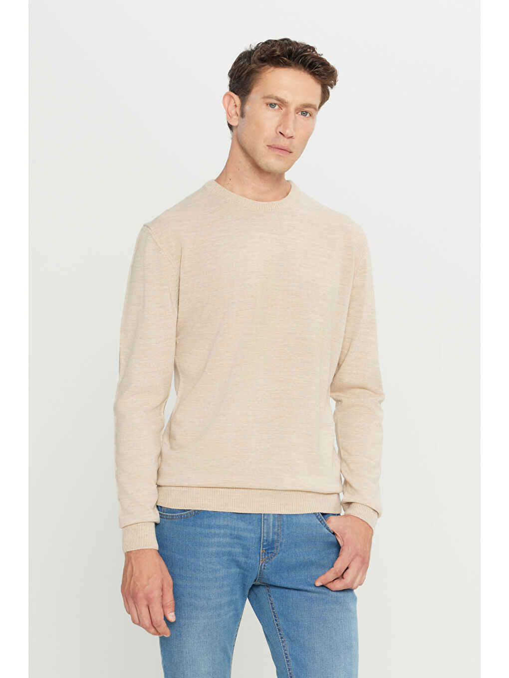 Erkek Bej Anti-Pilling Tüylenme Yapmayan Standart Fit Normal Kesim Bisiklet Yaka Triko Kazak-3