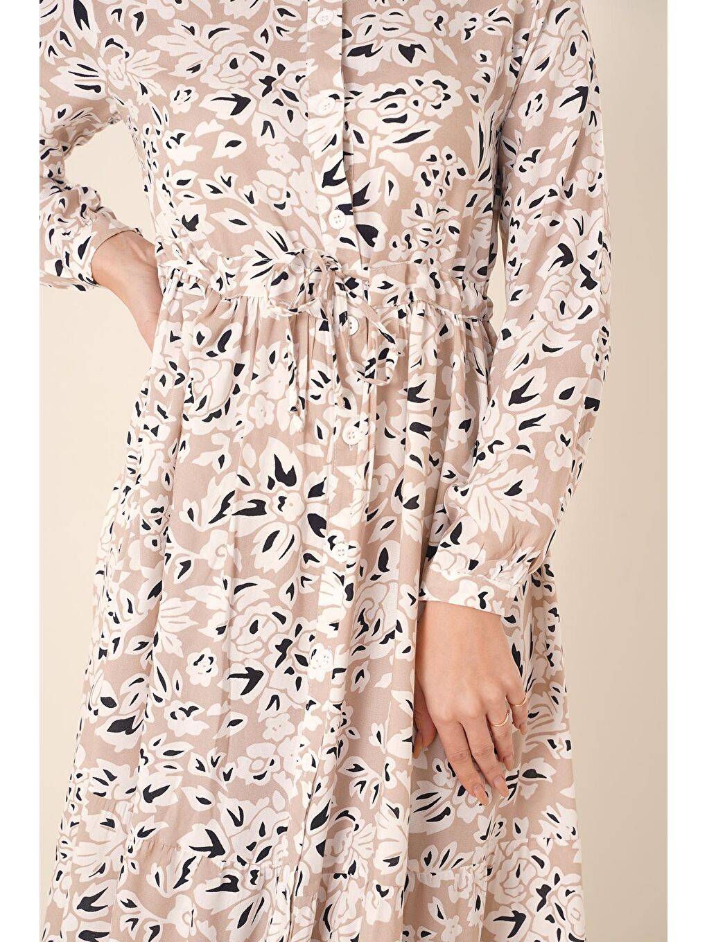 Ekru 2144 Hakim Yaka Tesettür Elbise - Krem-3