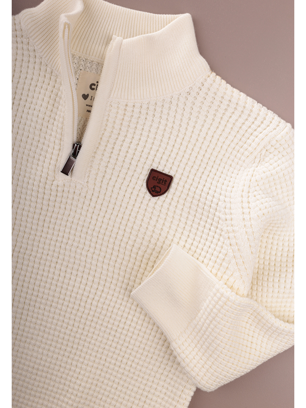 Selanik Triko Fermuarlı Kazak 2-11 Yaş Ekru