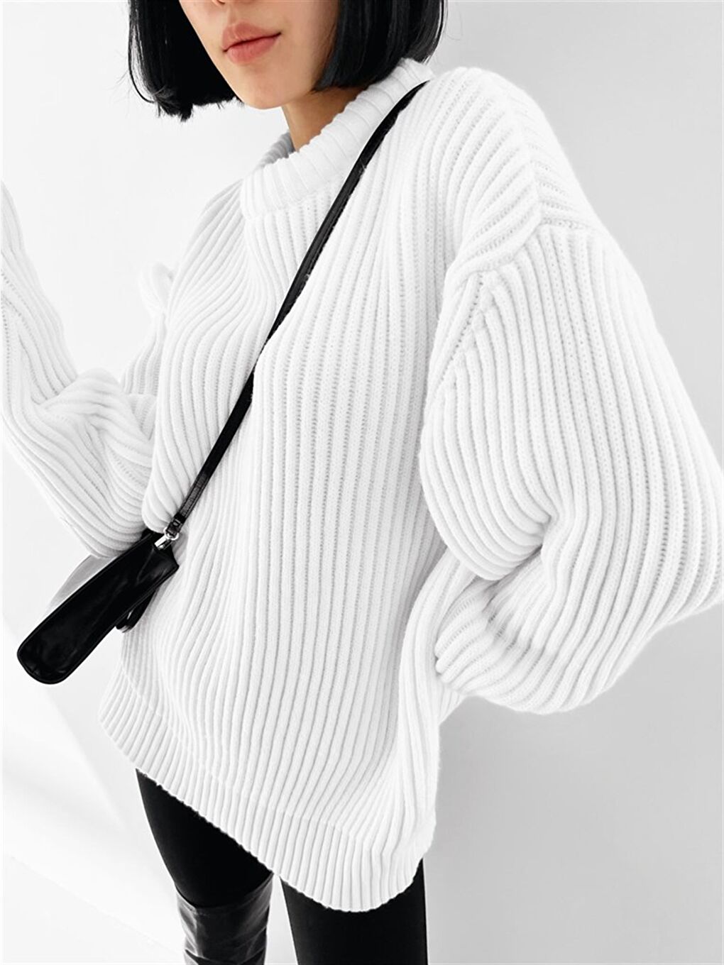 Erkek Extra Oversize Fitilli Örme Kazak Beyaz-3