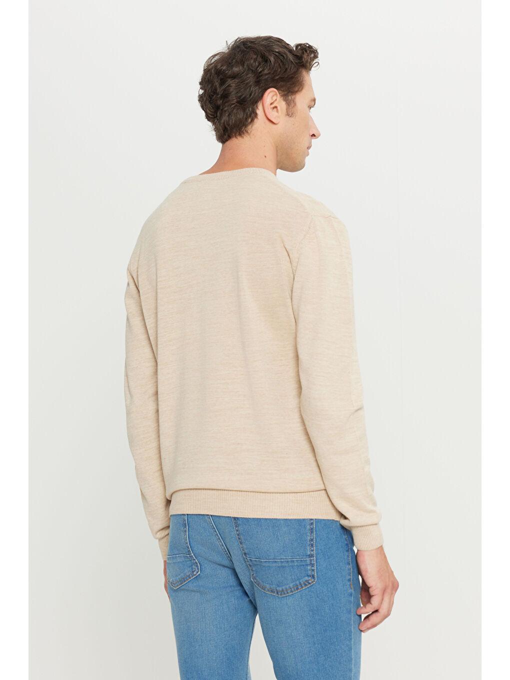 Erkek Bej Anti-Pilling Tüylenme Yapmayan Standart Fit Normal Kesim Bisiklet Yaka Triko Kazak-5