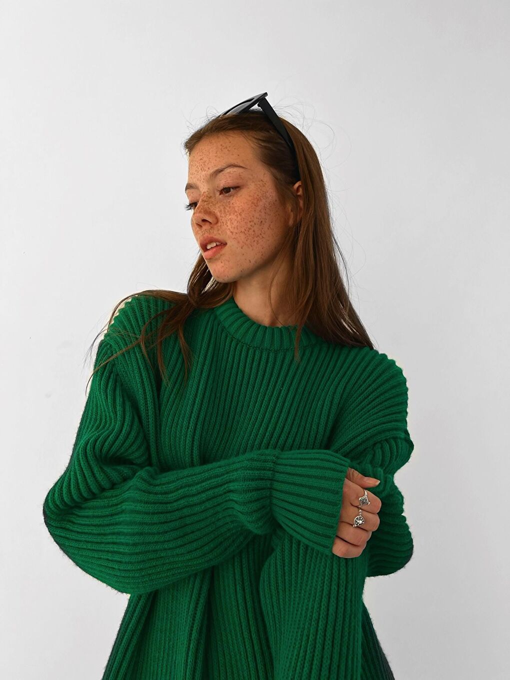 Erkek Extra Oversize Fitilli Örme Kazak Yeşil-1