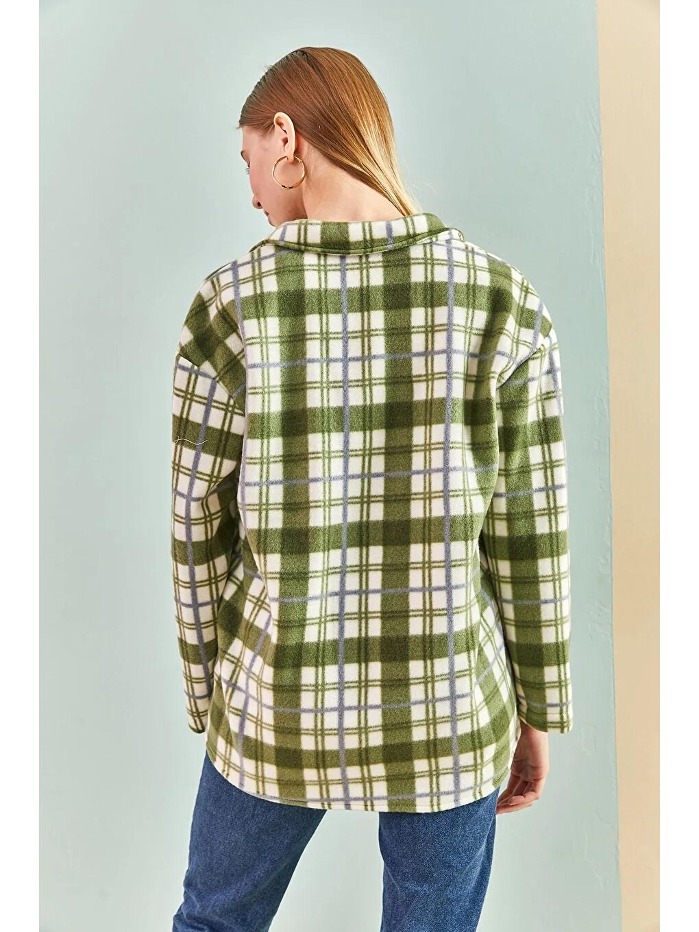 Yeşil Kadın Ekose Desenli Oduncu Gömlek-3