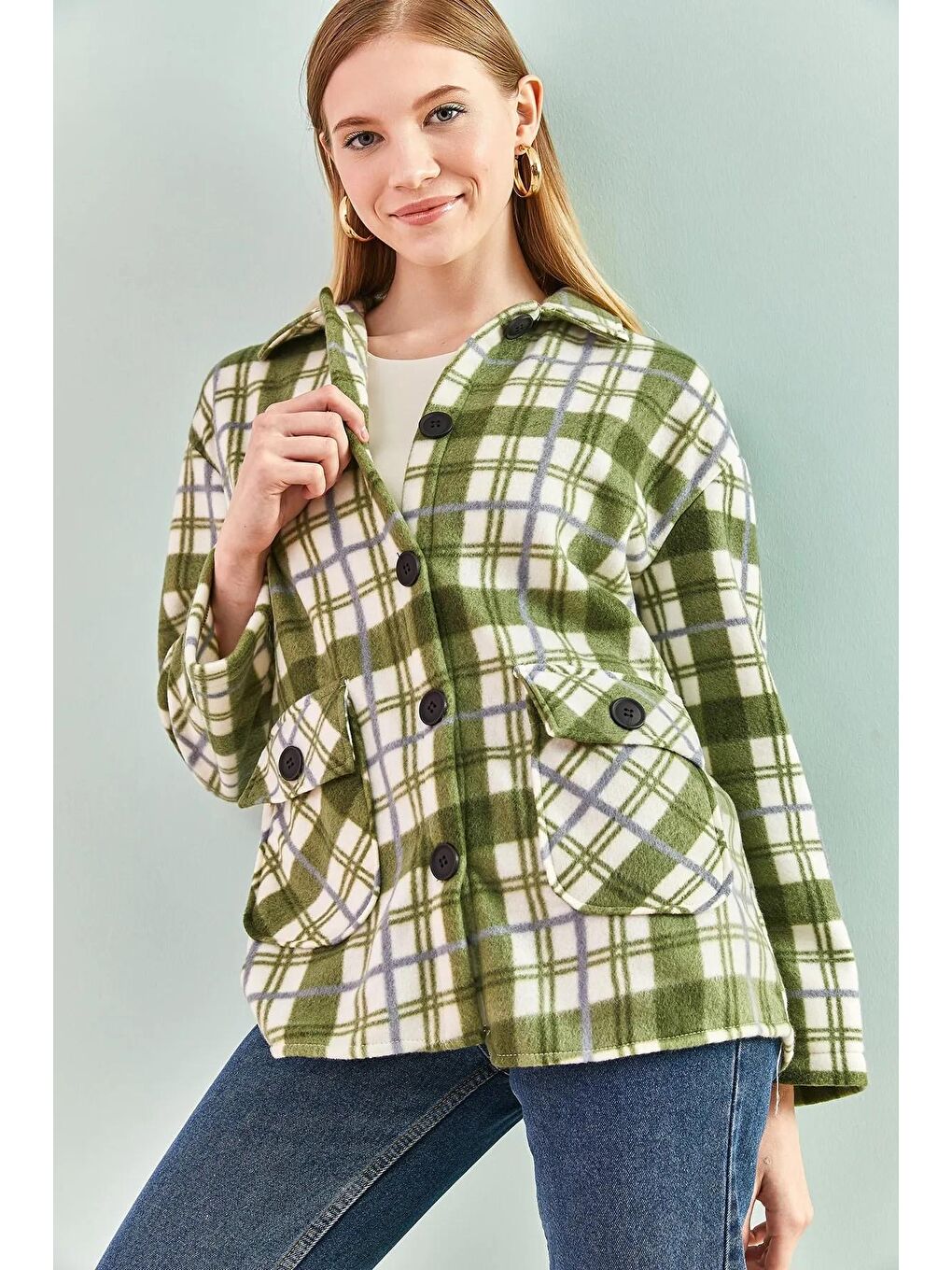 Yeşil Kadın Ekose Desenli Oduncu Gömlek-1