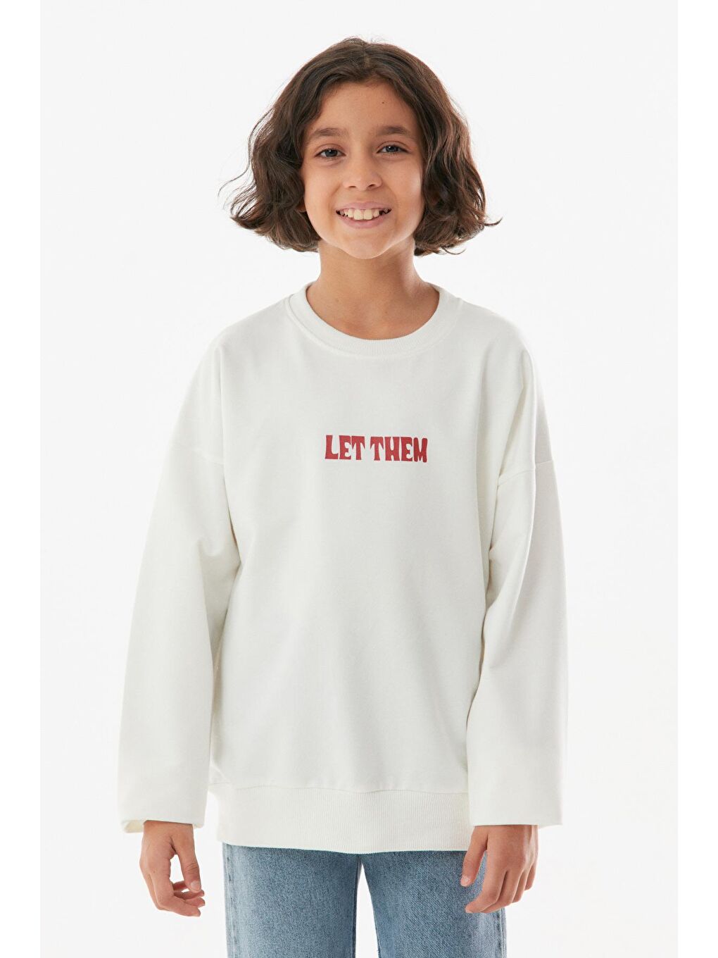 Ekru Baskılı Bisiklet Yaka Unisex Çocuk Sweatshirt