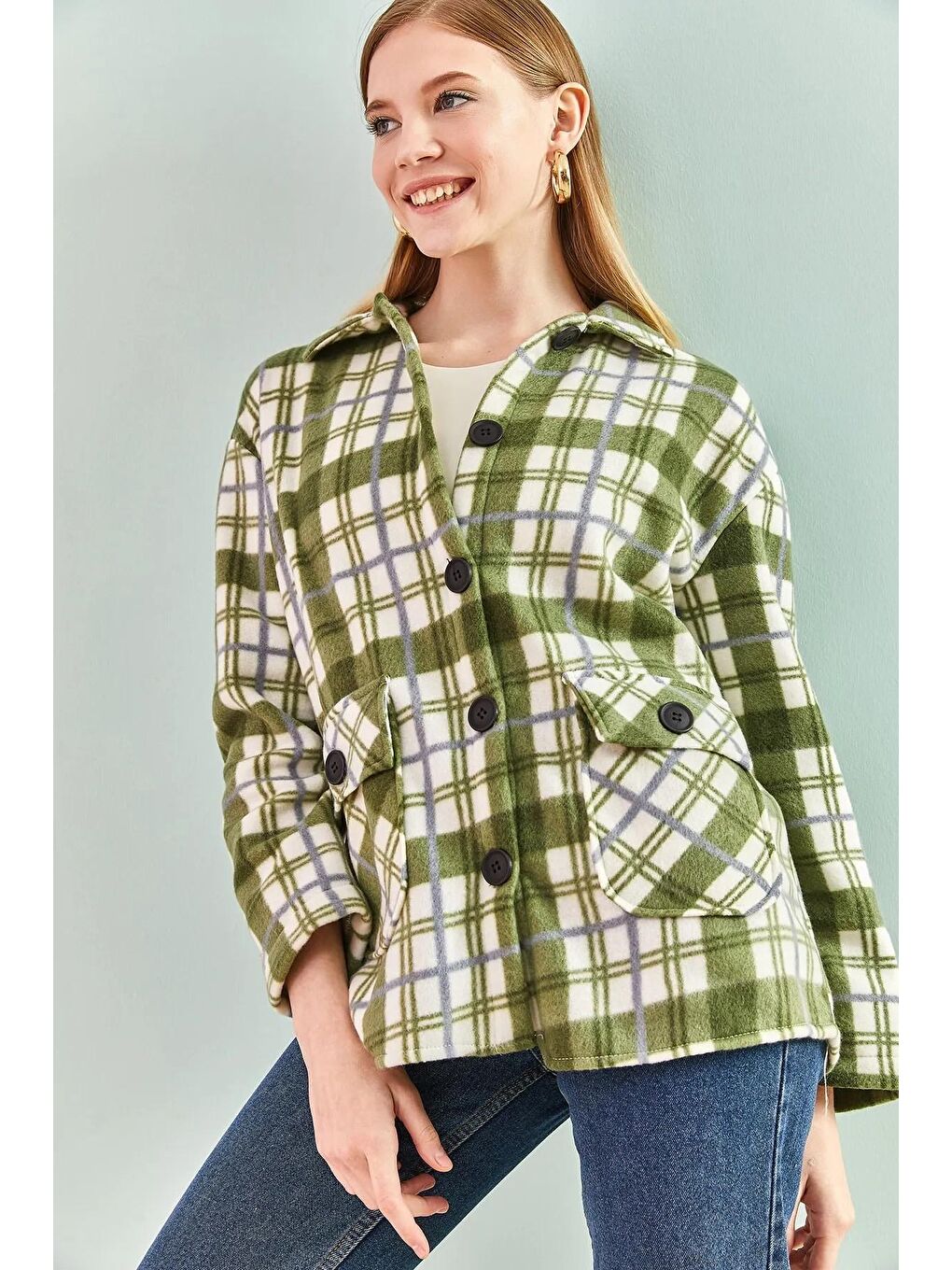 Yeşil Kadın Ekose Desenli Oduncu Gömlek-2