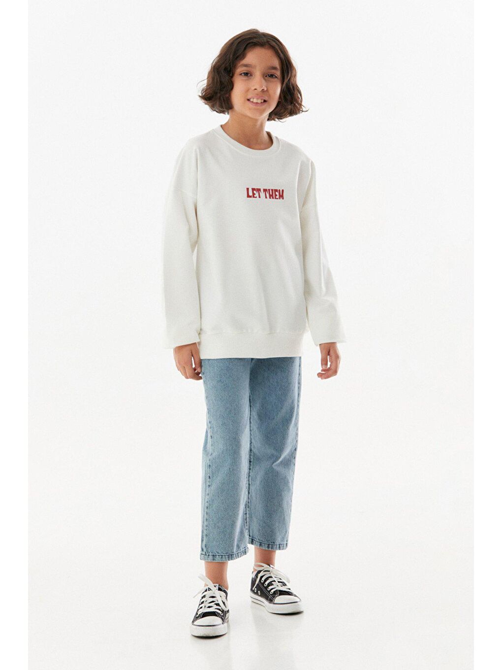 Ekru Baskılı Bisiklet Yaka Unisex Çocuk Sweatshirt-1