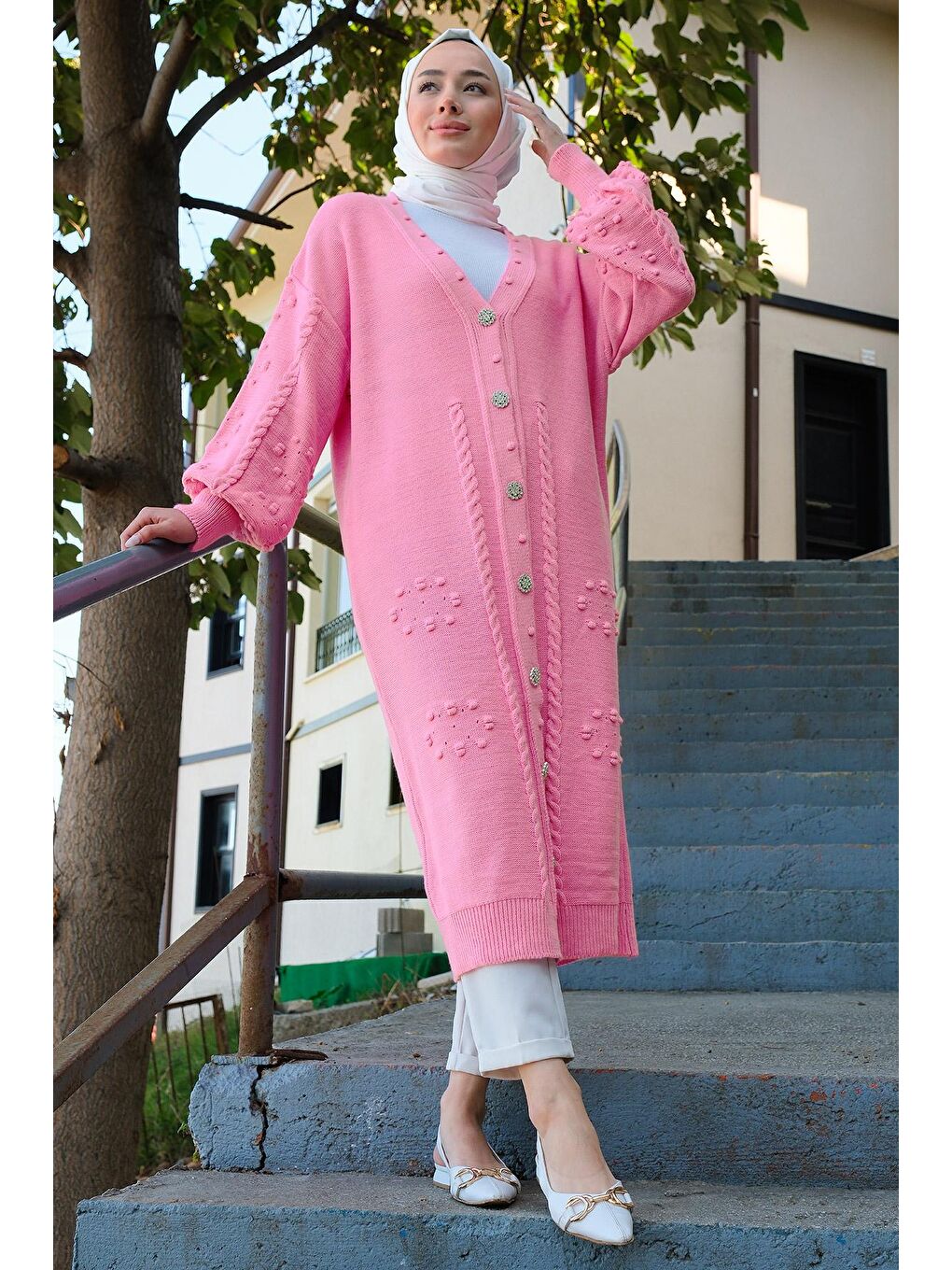 Kadın Örgü Desen Triko Hırka Pembe-2