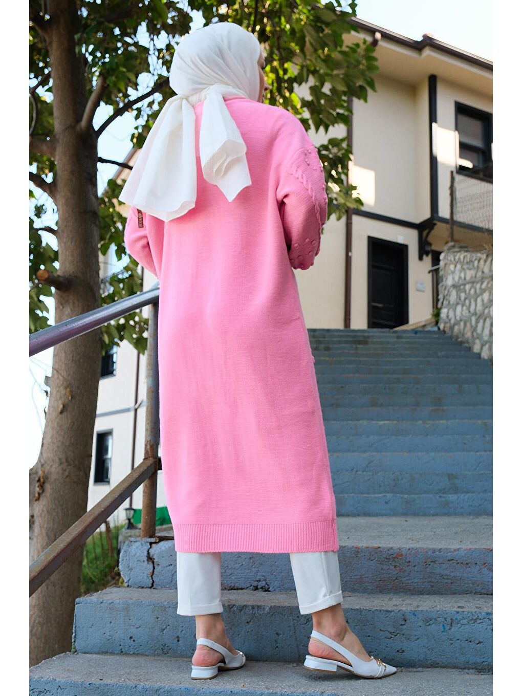 Kadın Örgü Desen Triko Hırka Pembe-3