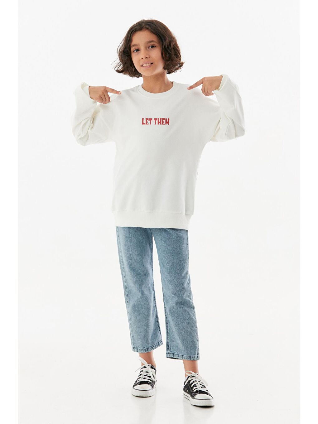 Ekru Baskılı Bisiklet Yaka Unisex Çocuk Sweatshirt-2