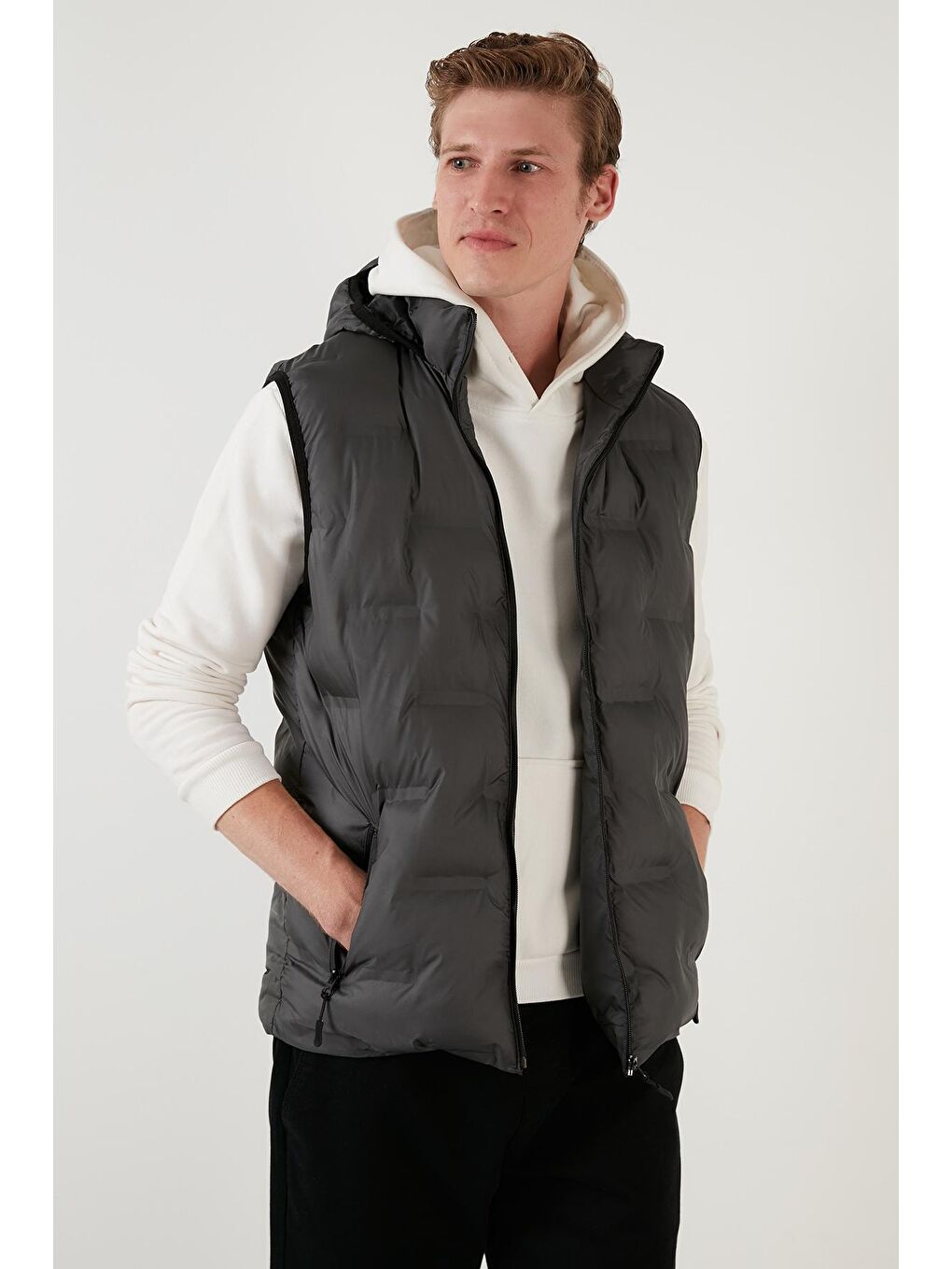 Gri Fermuarlı Cepli Kapüşonlu Şişme Yelek 5760066-1