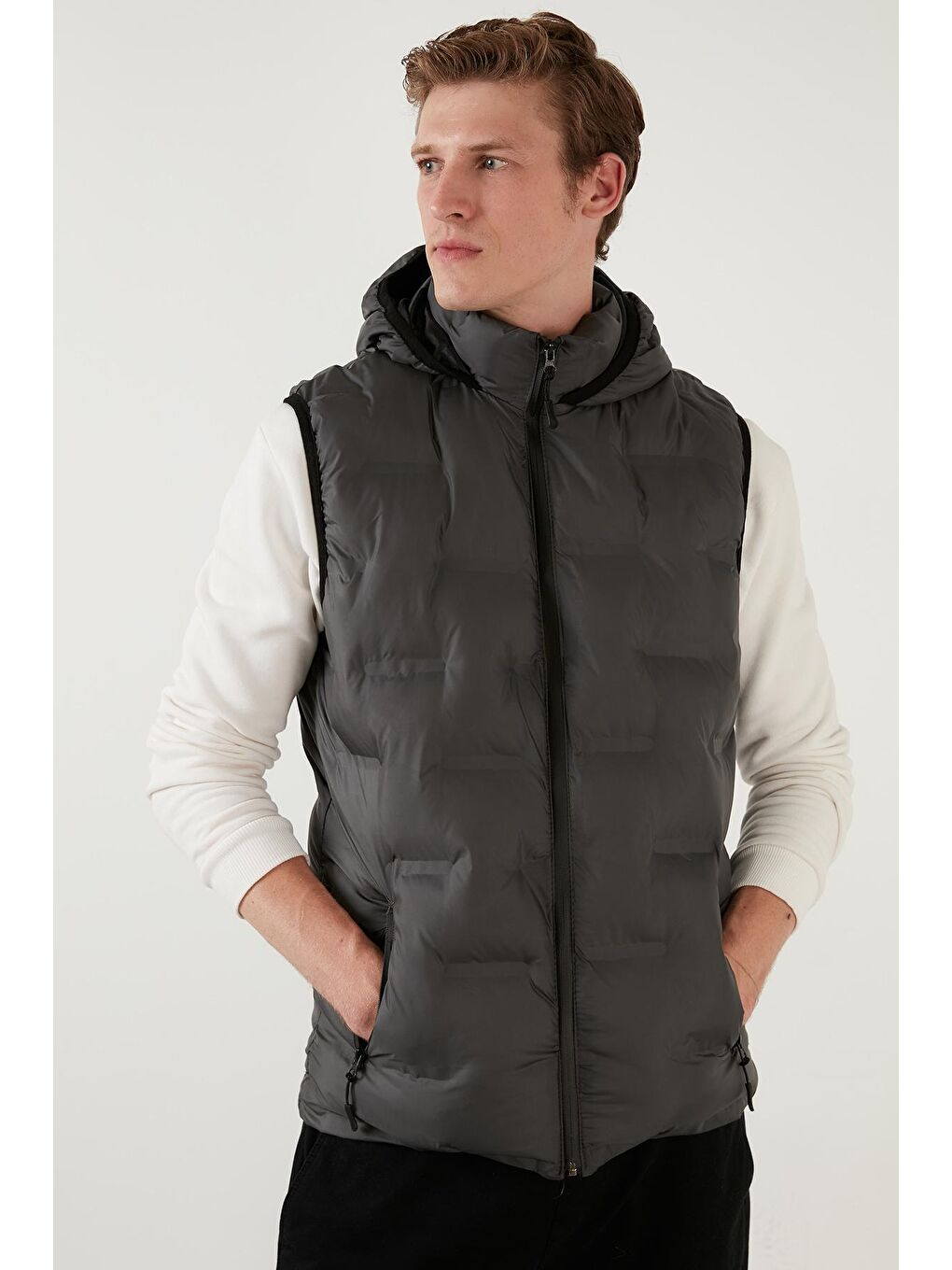 Gri Fermuarlı Cepli Kapüşonlu Şişme Yelek 5760066-2