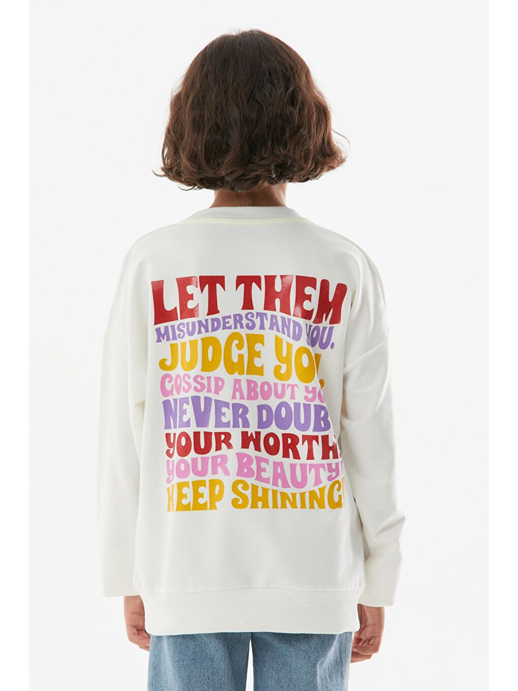 Ekru Baskılı Bisiklet Yaka Unisex Çocuk Sweatshirt-4