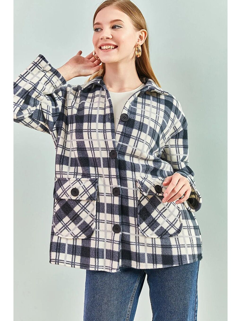 Mavi Kadın Ekose Desenli Oduncu Gömlek