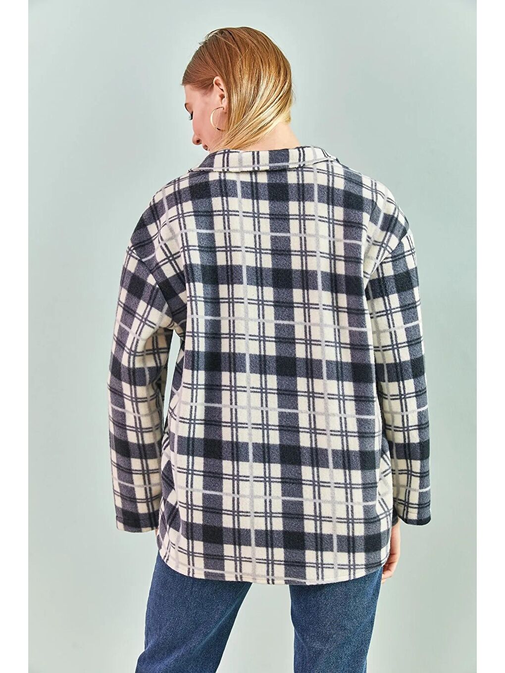 Mavi Kadın Ekose Desenli Oduncu Gömlek-3