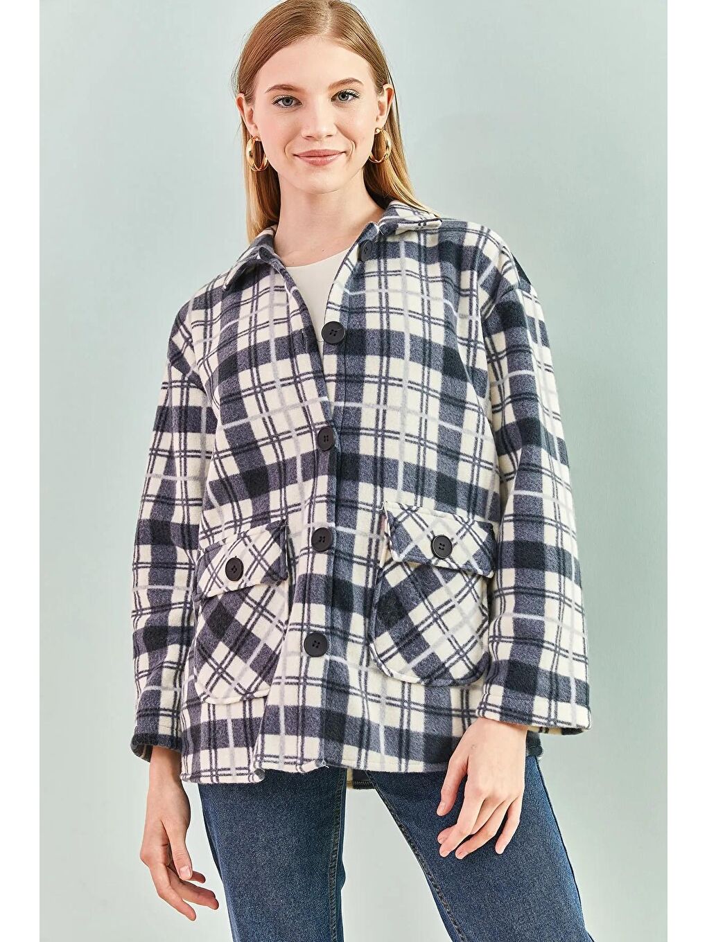 Mavi Kadın Ekose Desenli Oduncu Gömlek-1