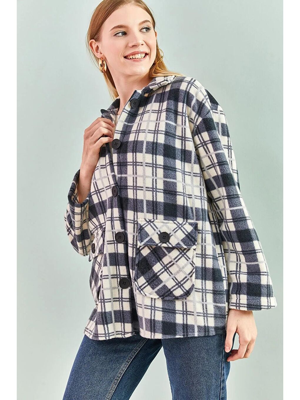 Mavi Kadın Ekose Desenli Oduncu Gömlek-2
