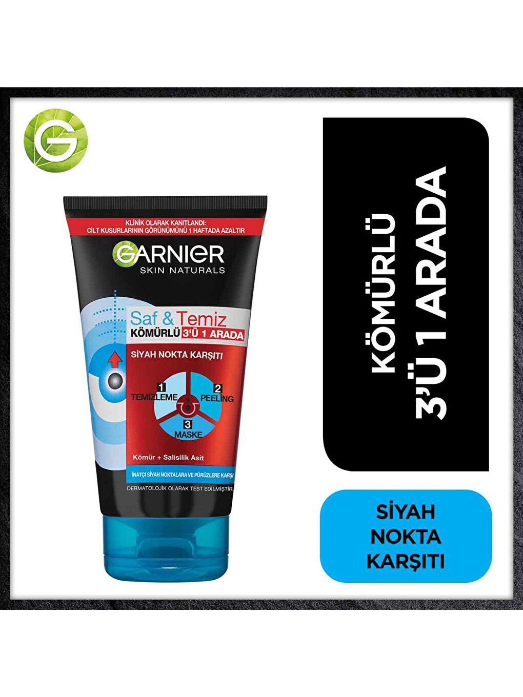 GARNIER Siyah Skin Naturals Saf & Temiz Siyah Nokta Karşıtı Kömürlü 3'ü 1 arada (150 ml)