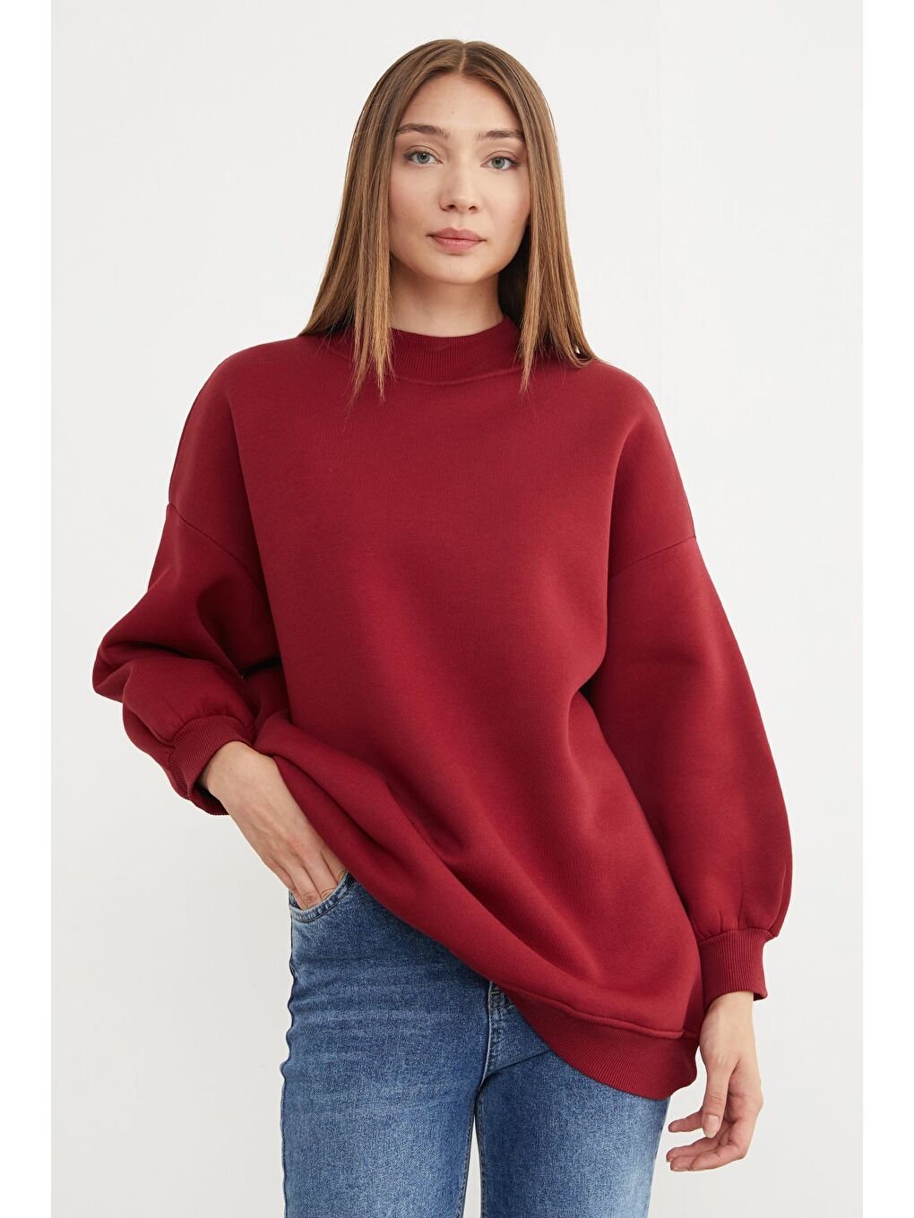 Bordo 3 İplik Basic Bisiklet Yaka Oversize Sweatshirt