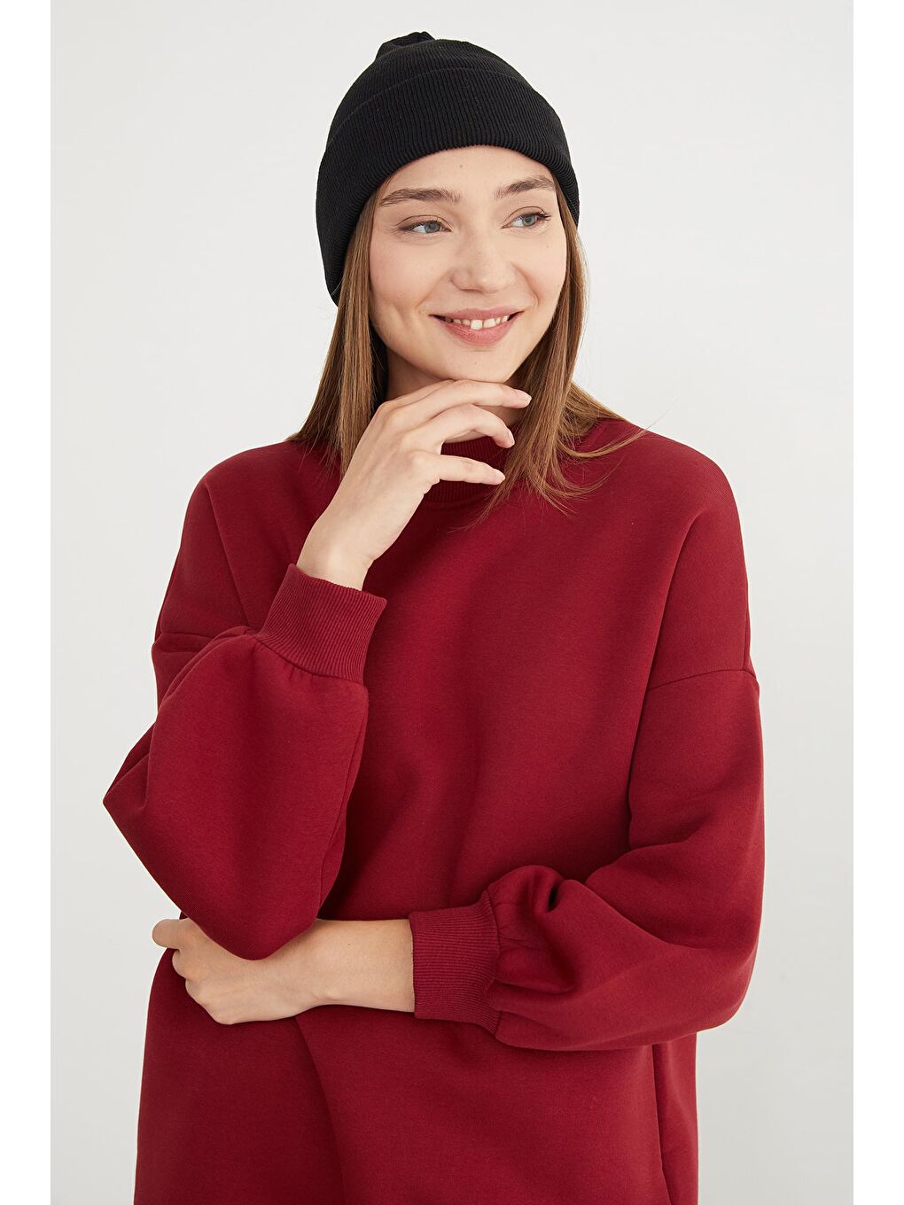 Bordo 3 İplik Basic Bisiklet Yaka Oversize Sweatshirt-1