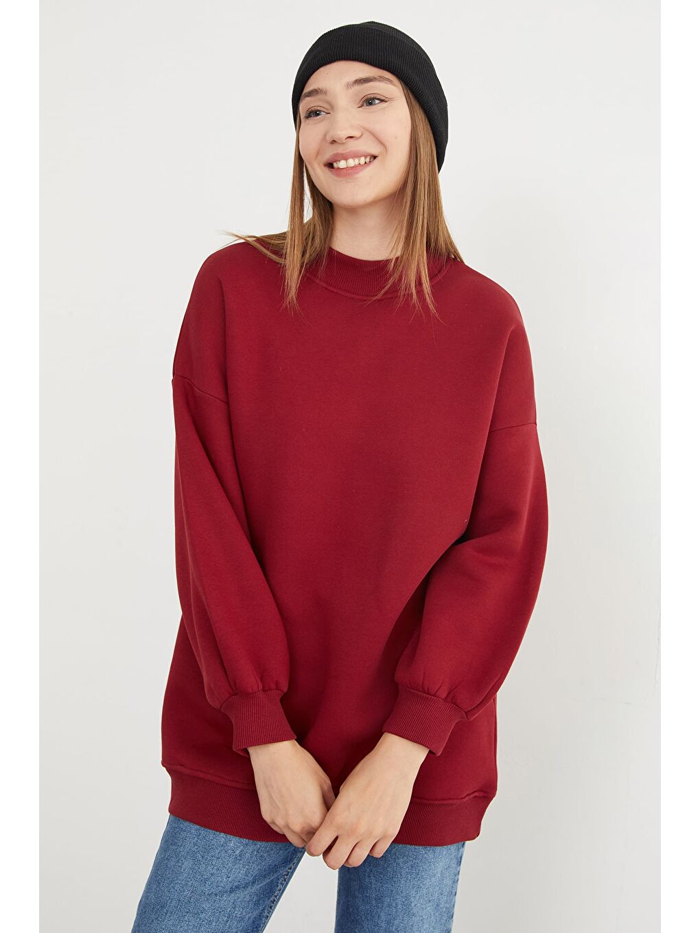 Bordo 3 İplik Basic Bisiklet Yaka Oversize Sweatshirt-2