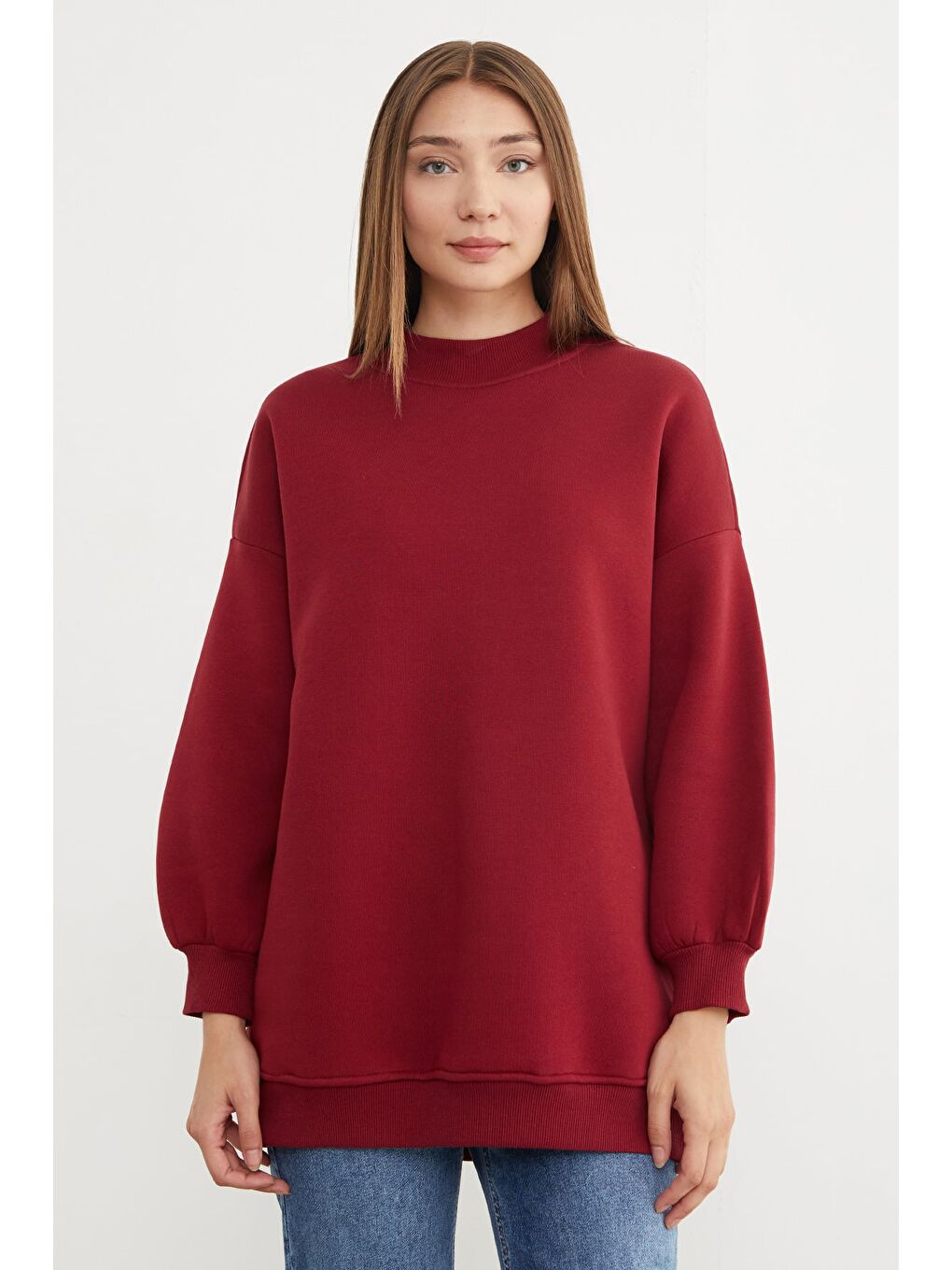 Bordo 3 İplik Basic Bisiklet Yaka Oversize Sweatshirt-3
