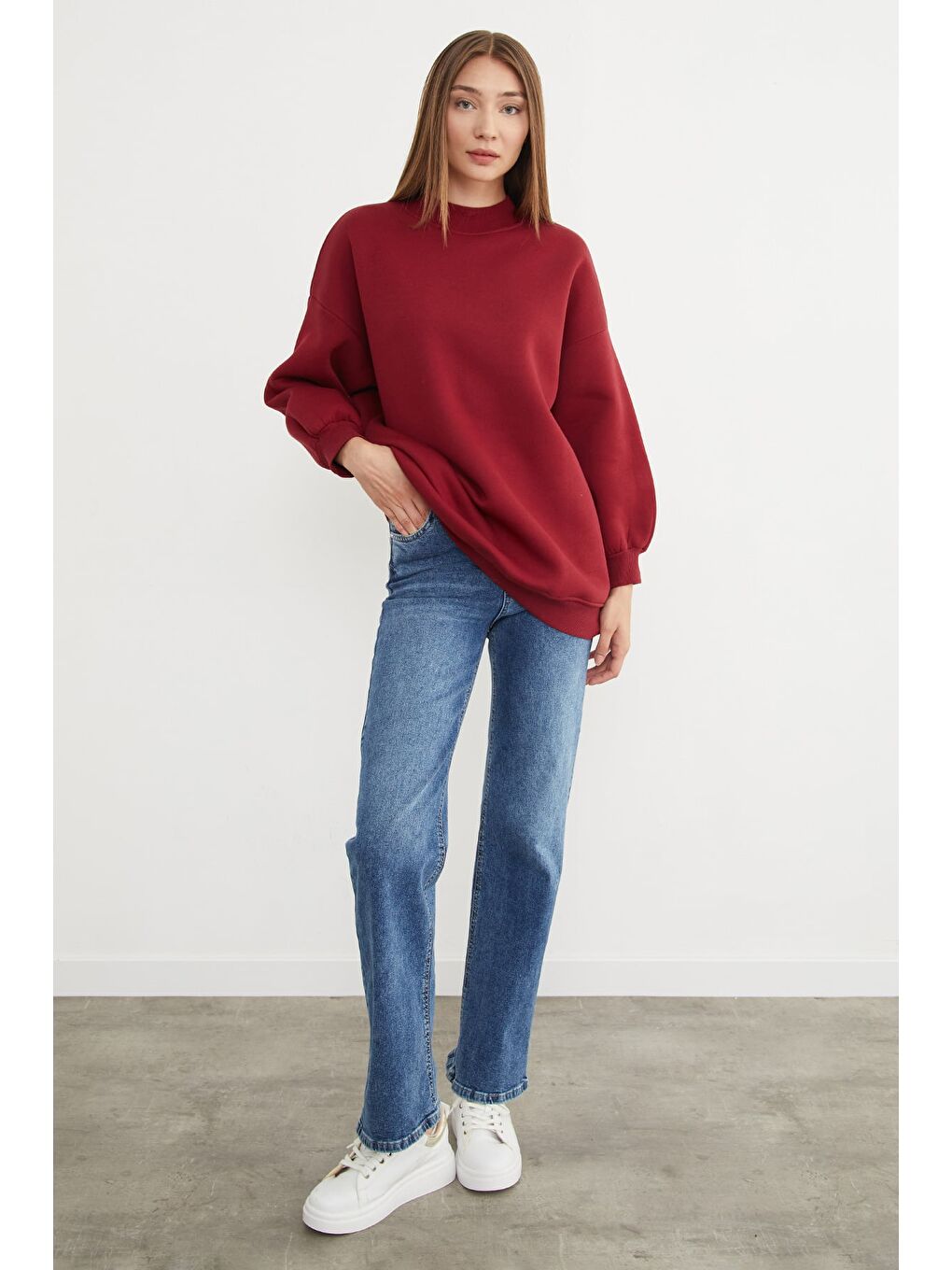 Bordo 3 İplik Basic Bisiklet Yaka Oversize Sweatshirt-4