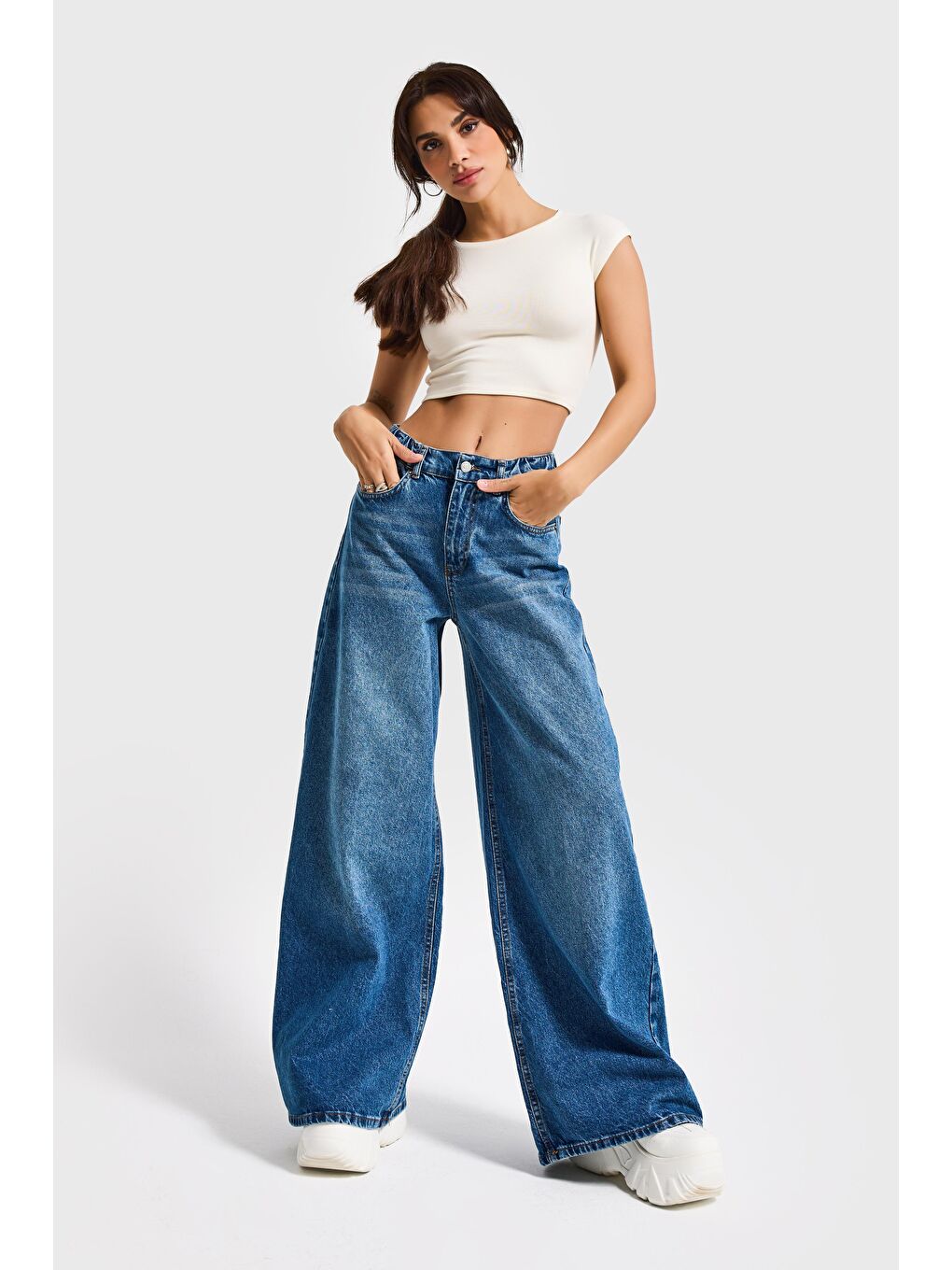 Kadın Mavi Renk 2S5 4 Palazzo Fit Beli Lastliki  100 Pamuk Denim Jean-1