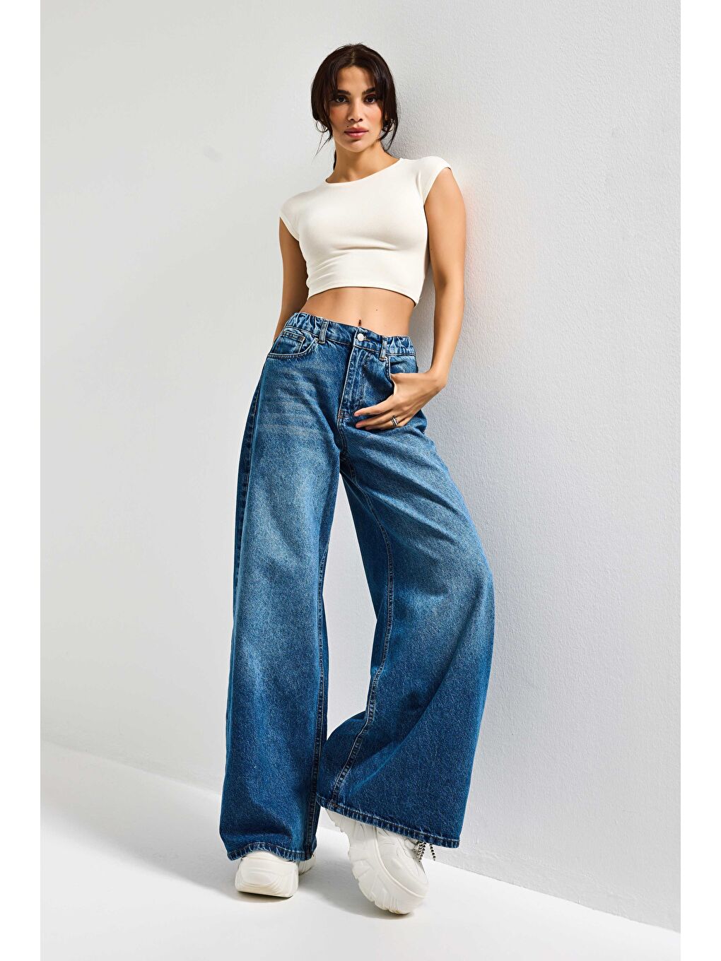 Kadın Mavi Renk 2S5 4 Palazzo Fit Beli Lastliki  100 Pamuk Denim Jean-4